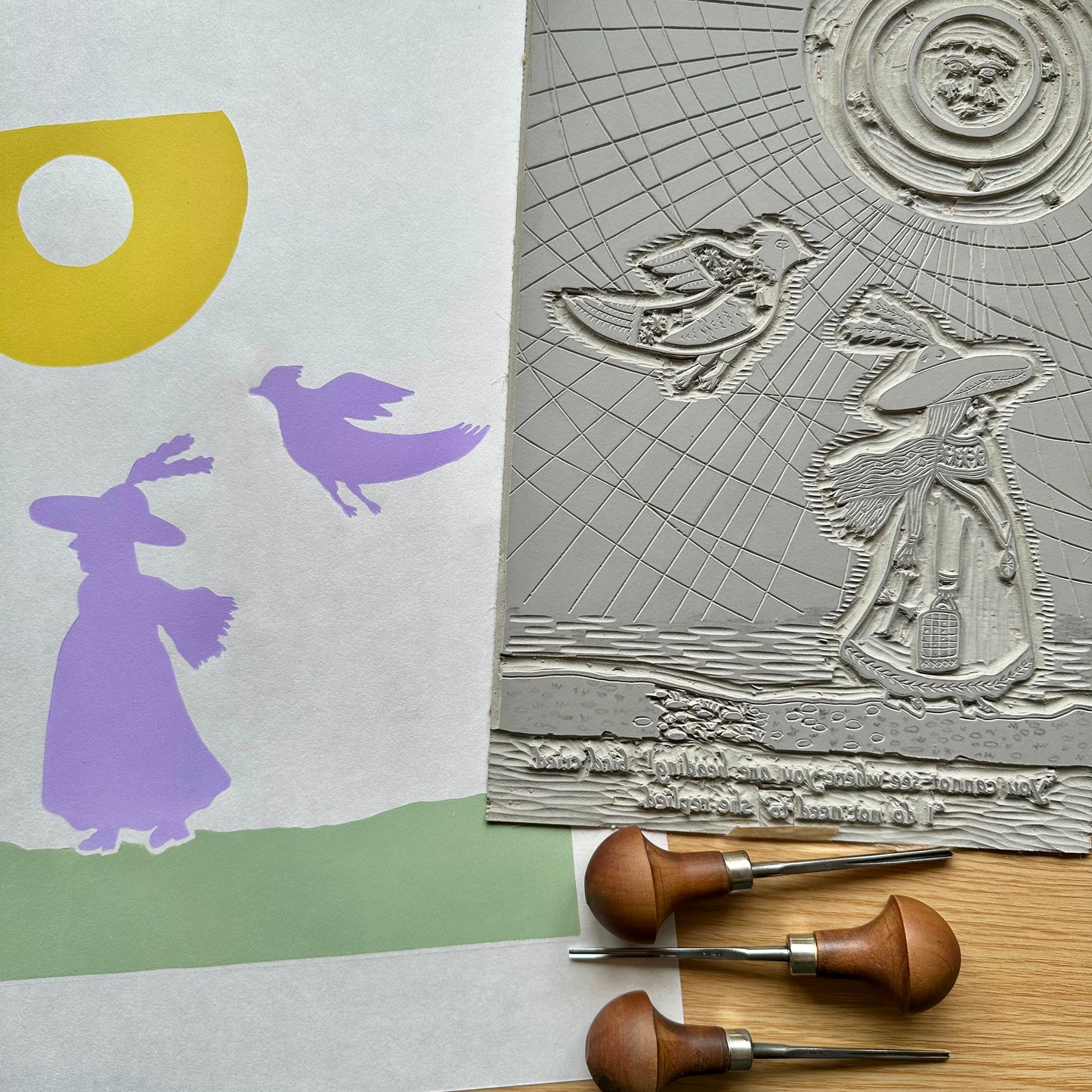 'Faith' - Witch storybook limited edition linocut print with moon and bird