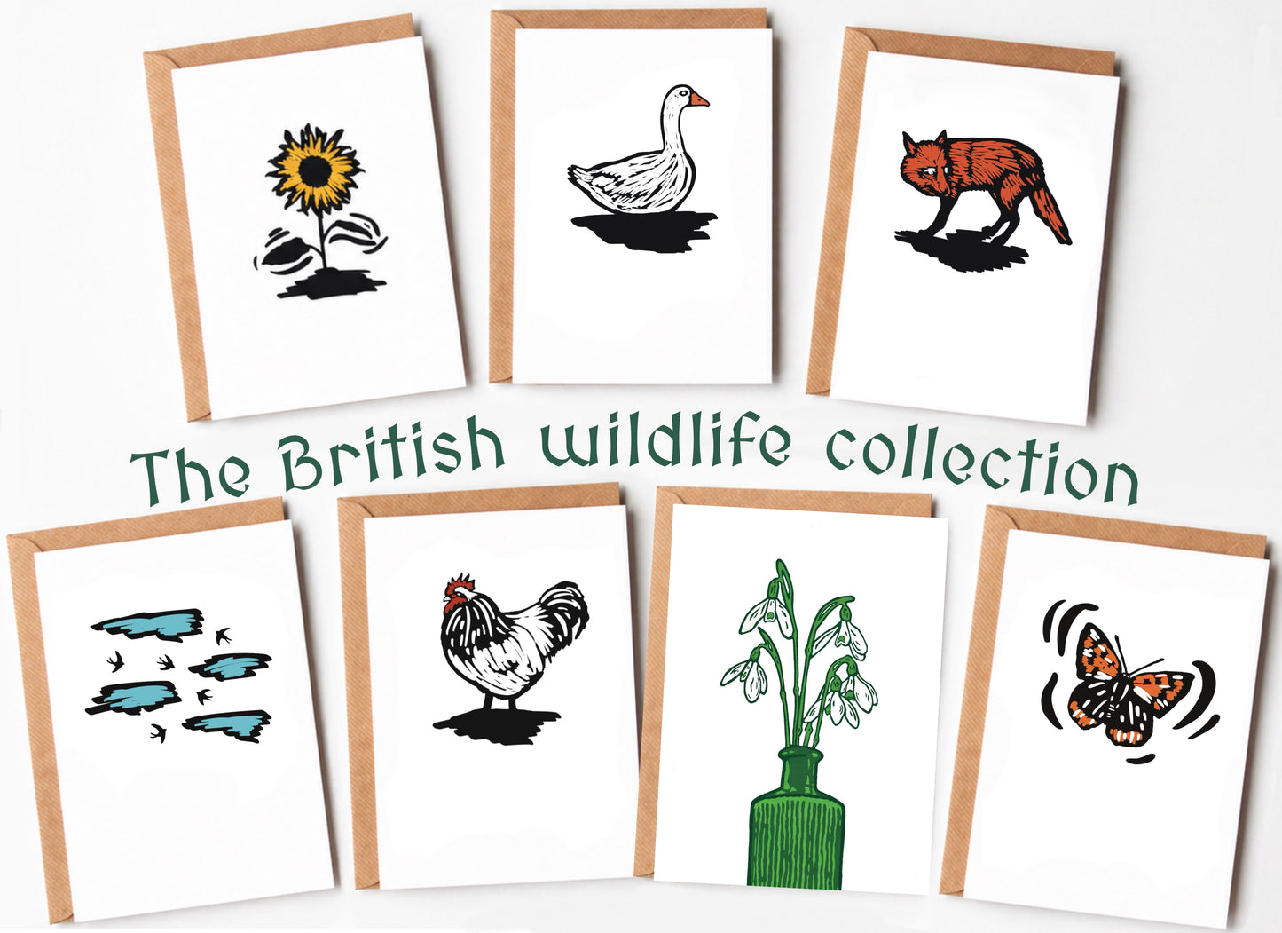 The British Wildlife Collection - linocut flowers and animals - blank greeting cards