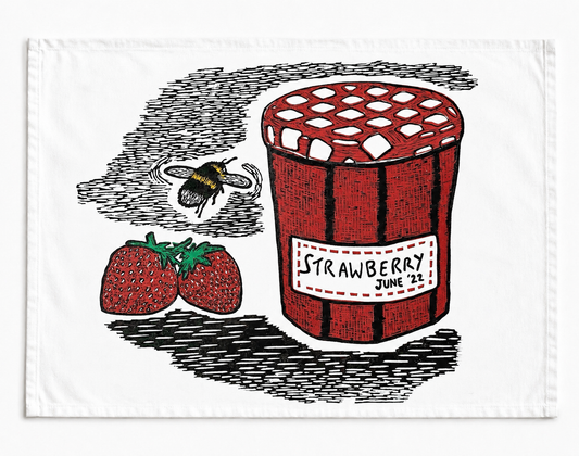 Jam, strawberry and bee gardener's tea towel 100% organic cotton linocut