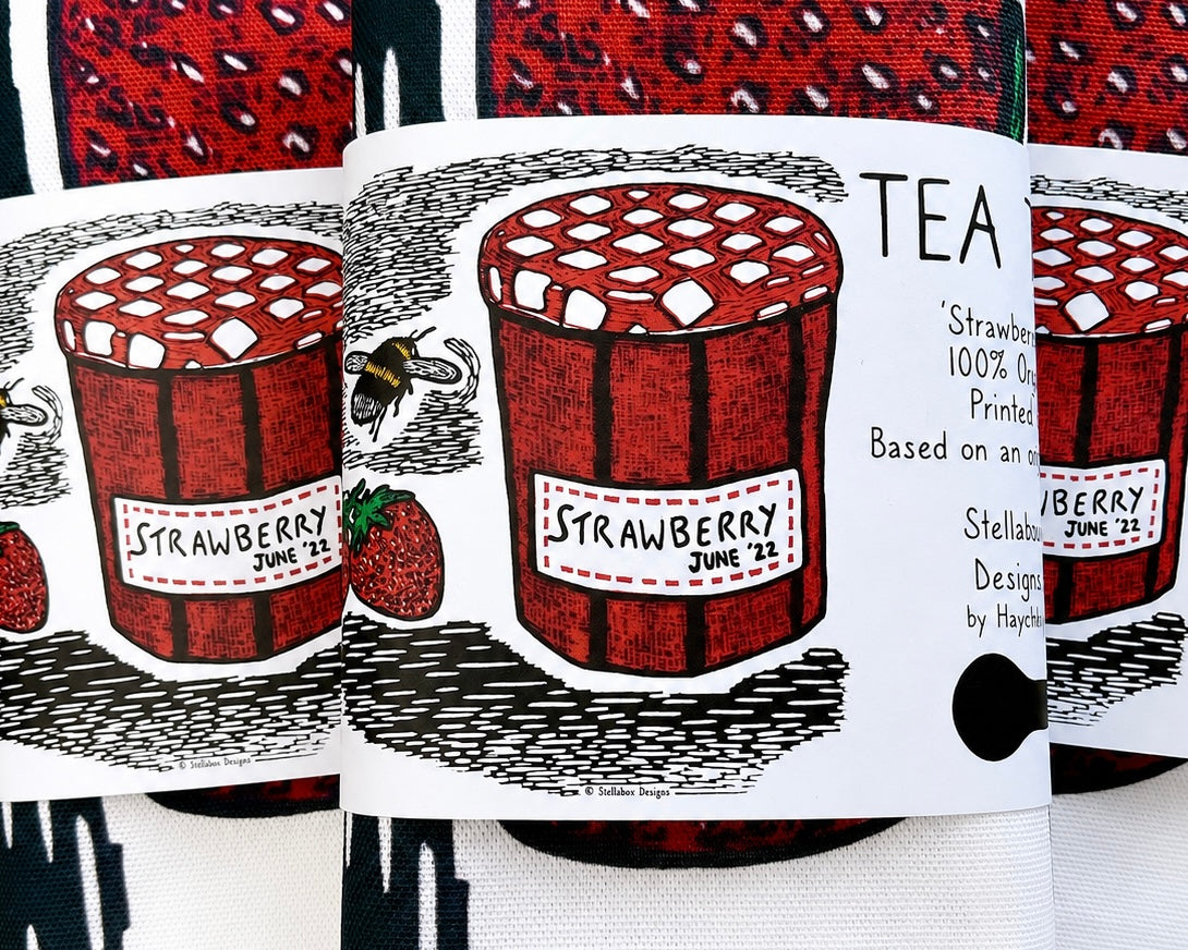Jam, strawberry and bee gardener's tea towel 100% organic cotton linocut