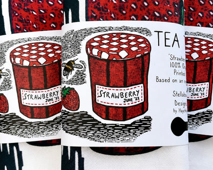 Jam, strawberry and bee gardener's tea towel 100% organic cotton linocut