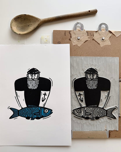 'The Mariner' - Sailor fisherman original linocut print limited edition
