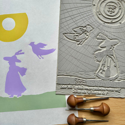 'Faith' - Witch storybook limited edition linocut print with moon and bird