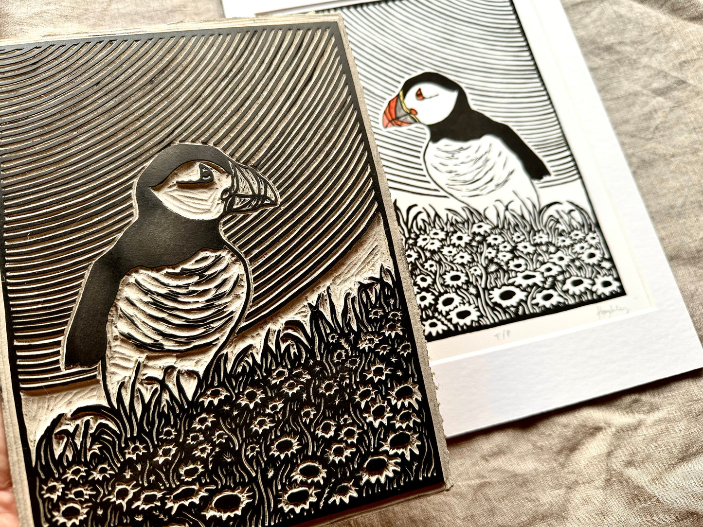 'Lundy' - Puffin hand painted limited edition linocut print