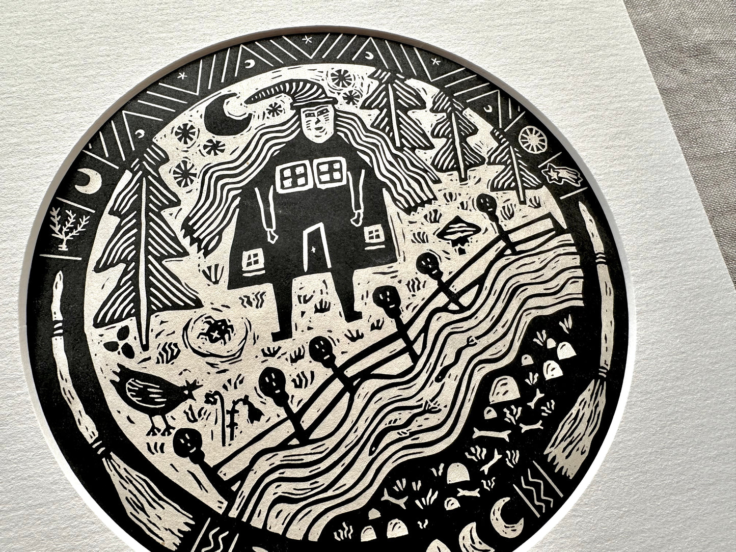 'Nighttime in the Woods' - Baba Yaga folklore linocut print art limited edition
