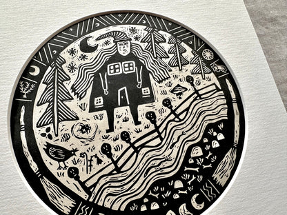 'Nighttime in the Woods' - Baba Yaga folklore linocut print art limited edition