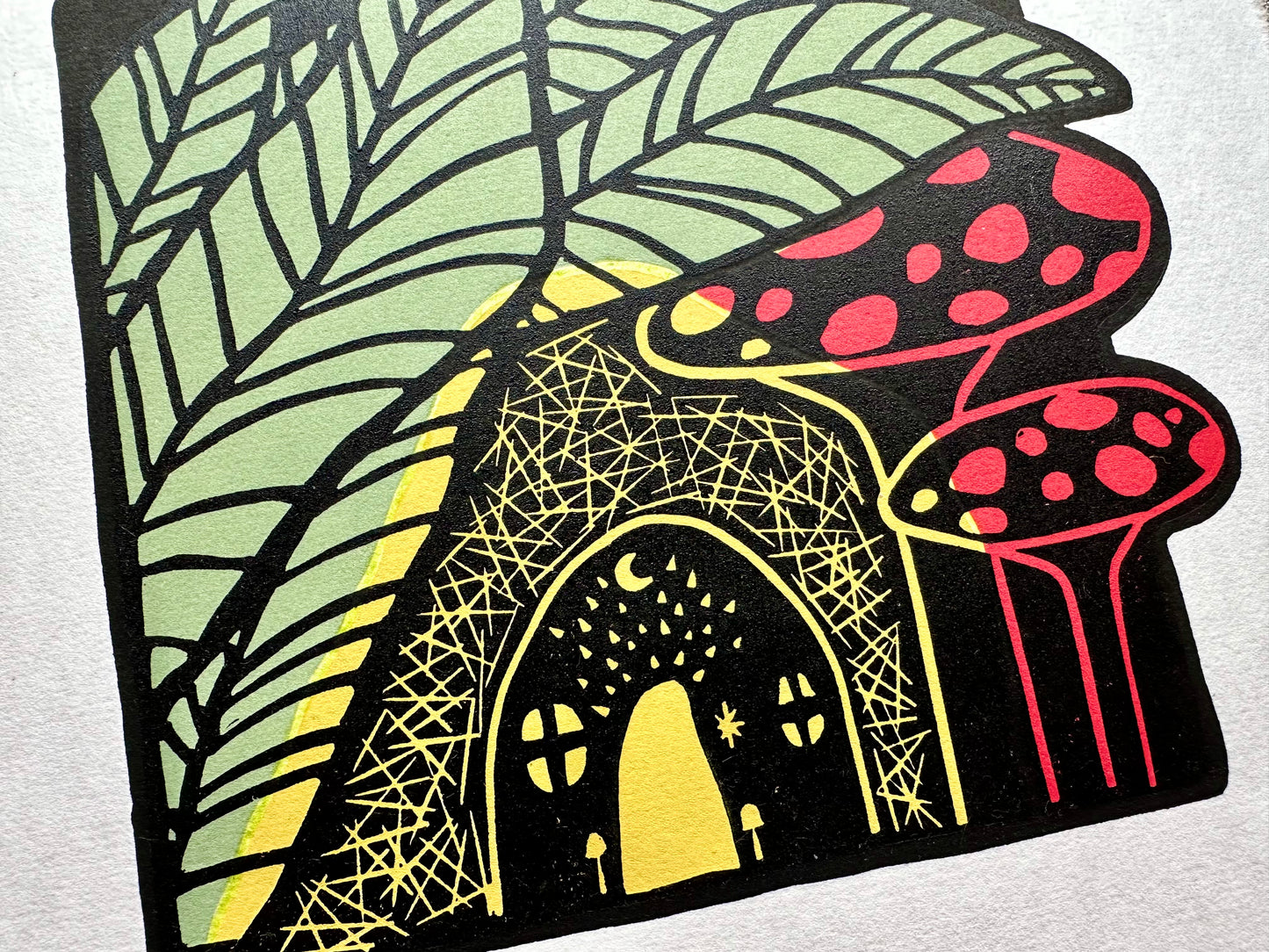 'Where Fairies Meet' - Woodland magic toadstool limited edition linocut print