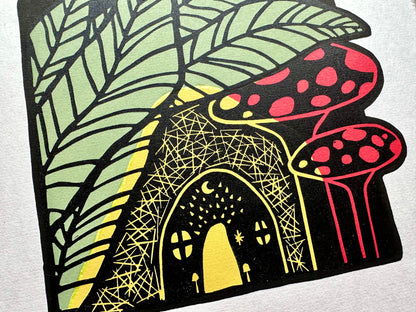 'Where Fairies Meet' - Woodland magic toadstool limited edition linocut print