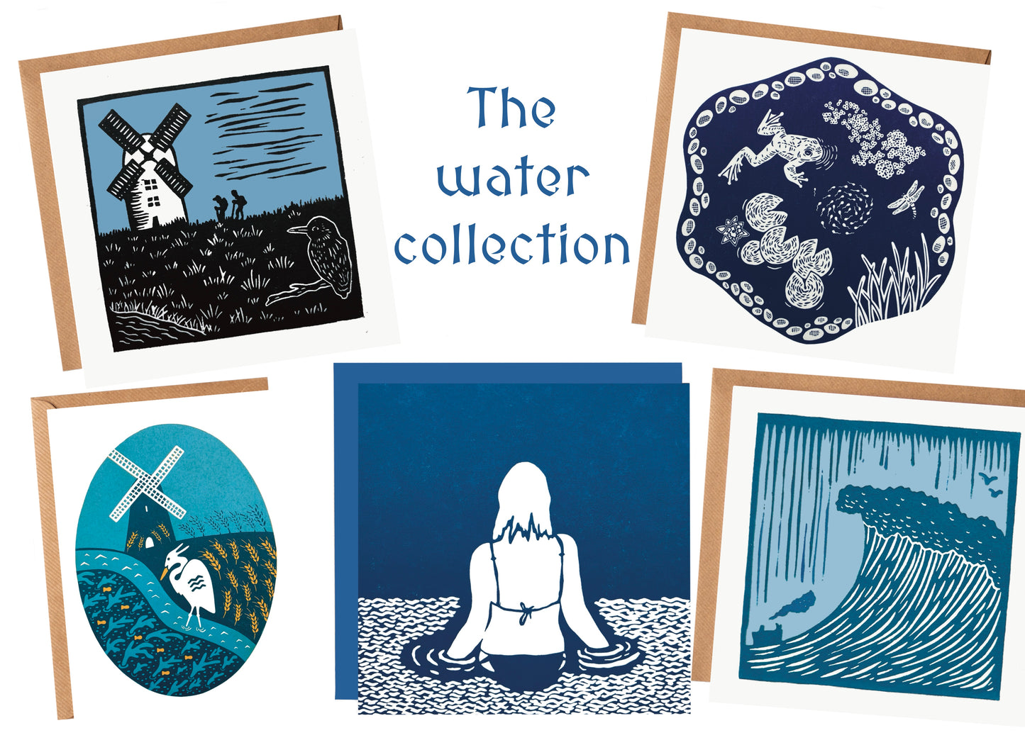 The Water Collection - linocut wild swimming, rivers and seas - blank greeting cards