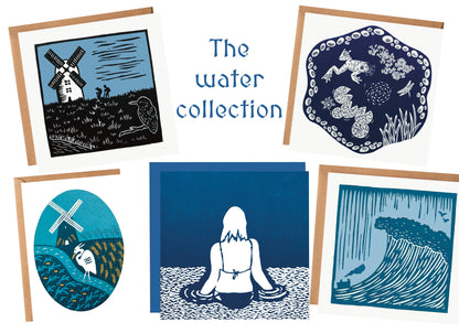 The Water Collection - linocut wild swimming, rivers and seas - blank greeting cards