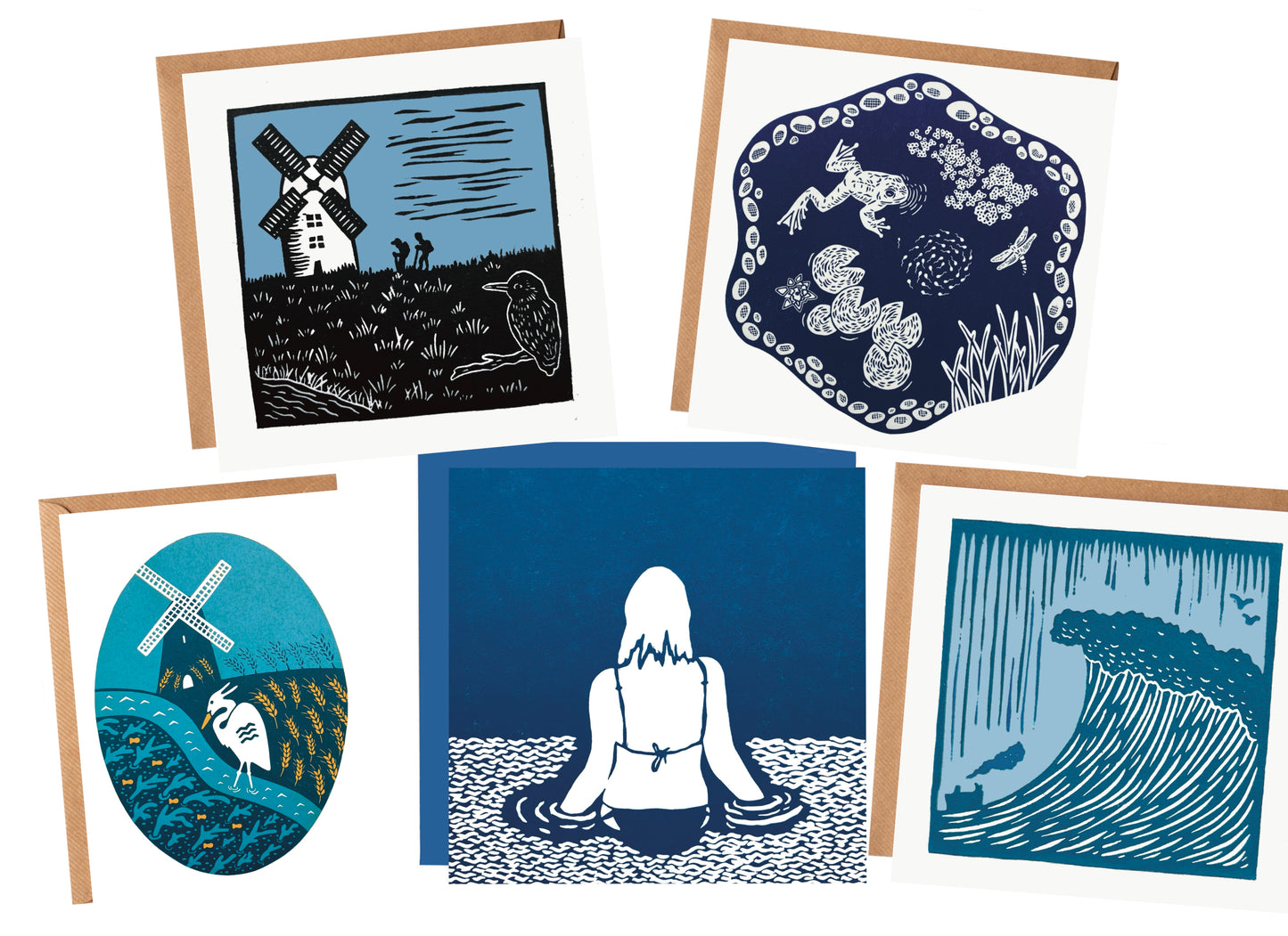 The Water Collection - linocut wild swimming, rivers and seas - blank greeting cards