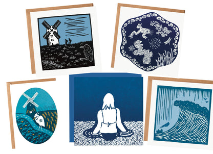 The Water Collection - linocut wild swimming, rivers and seas - blank greeting cards