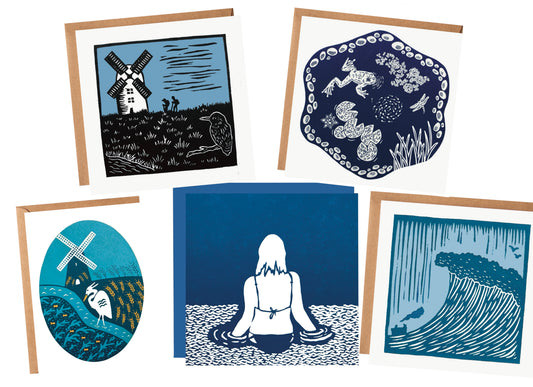 The Water Collection - linocut wild swimming, rivers and seas - blank greeting cards
