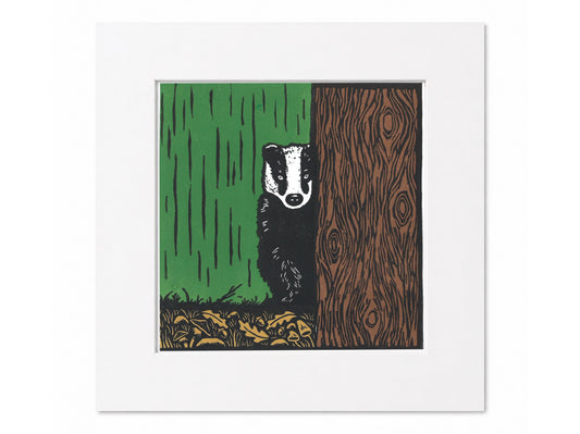 'Between the Trees' - Badger original autumnal woodland linocut print