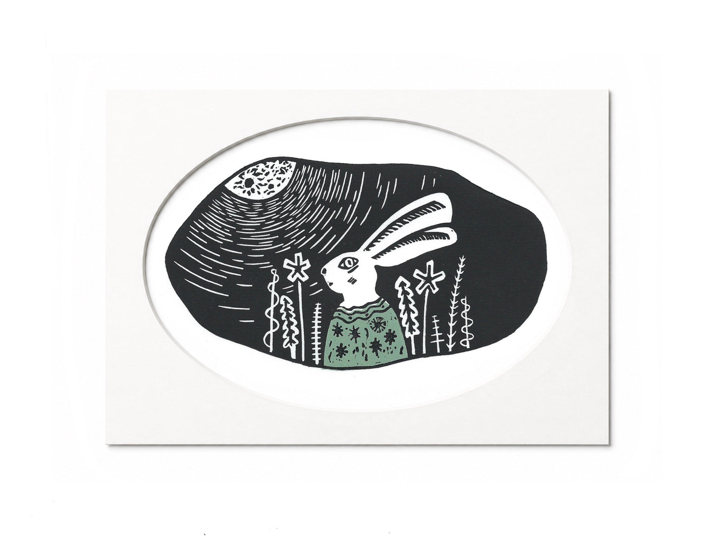 'Moon Gazer' - Hare in cosy jumper limited edition linocut print