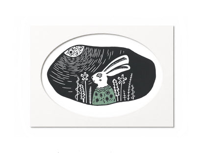'Moon Gazer' - Hare in cosy jumper limited edition linocut print