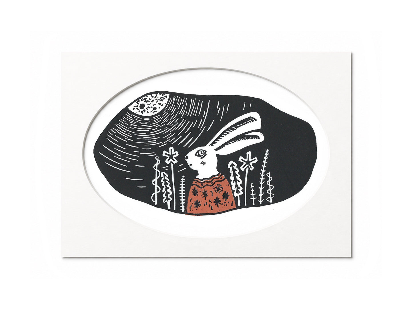 'Moon Gazer' - Hare in cosy jumper limited edition linocut print