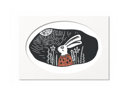 'Moon Gazer' - Hare in cosy jumper limited edition linocut print