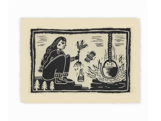 'Alchemy' - Medieval woodblock inspired linocut print - witchcraft limited edition