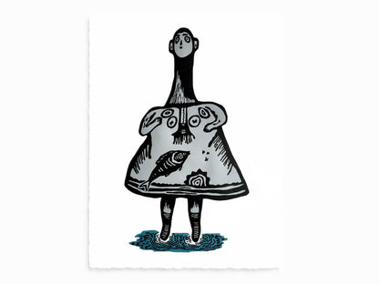 'Bones of Coral, Eyes of Pearl' - Sea Goddess original linocut print limited edition