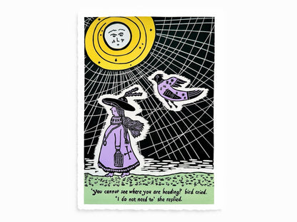 'Faith' - Witch storybook limited edition linocut print with moon and bird