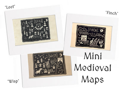 Mini medieval fantasy maps - limited edition hand printed linocut