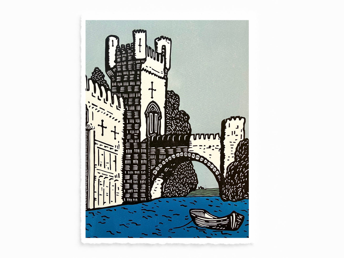 'The Visitor' - Medieval castle - man leading a horse - limited edition linocut print by hand