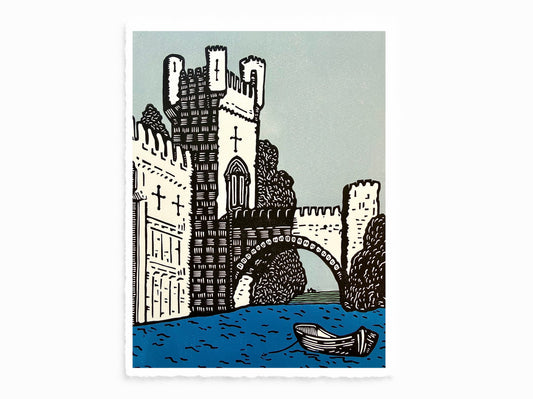 'The Visitor' - Medieval castle - man leading a horse - limited edition linocut print by hand