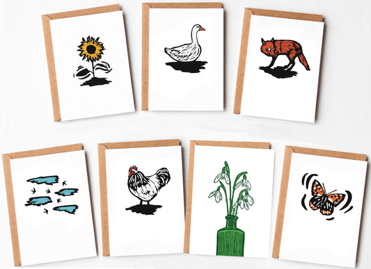 The British Wildlife Collection - linocut flowers and animals - blank greeting cards