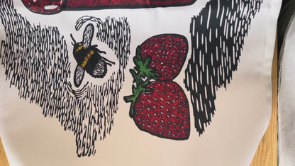 Jam, strawberry and bee gardener's tea towel 100% organic cotton linocut